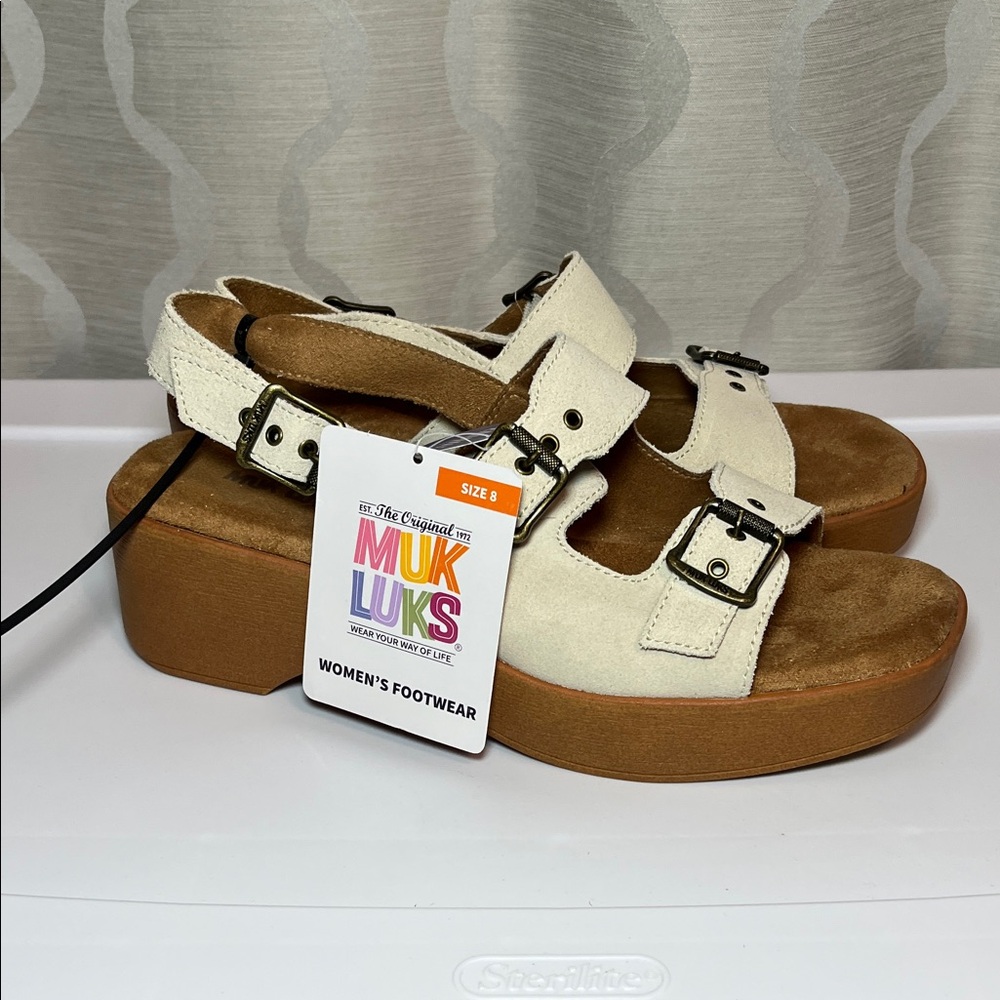 NWT Muk‎ Luks Calliope Platform Sandals Natural Suede Size 8